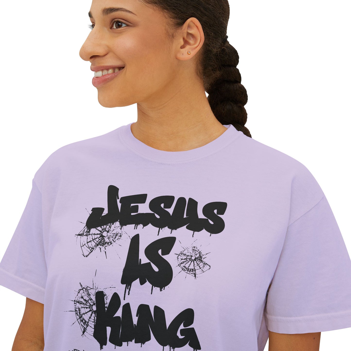 Warrior in Jesus Is King pink tee repping forgiven and dangerous faith

