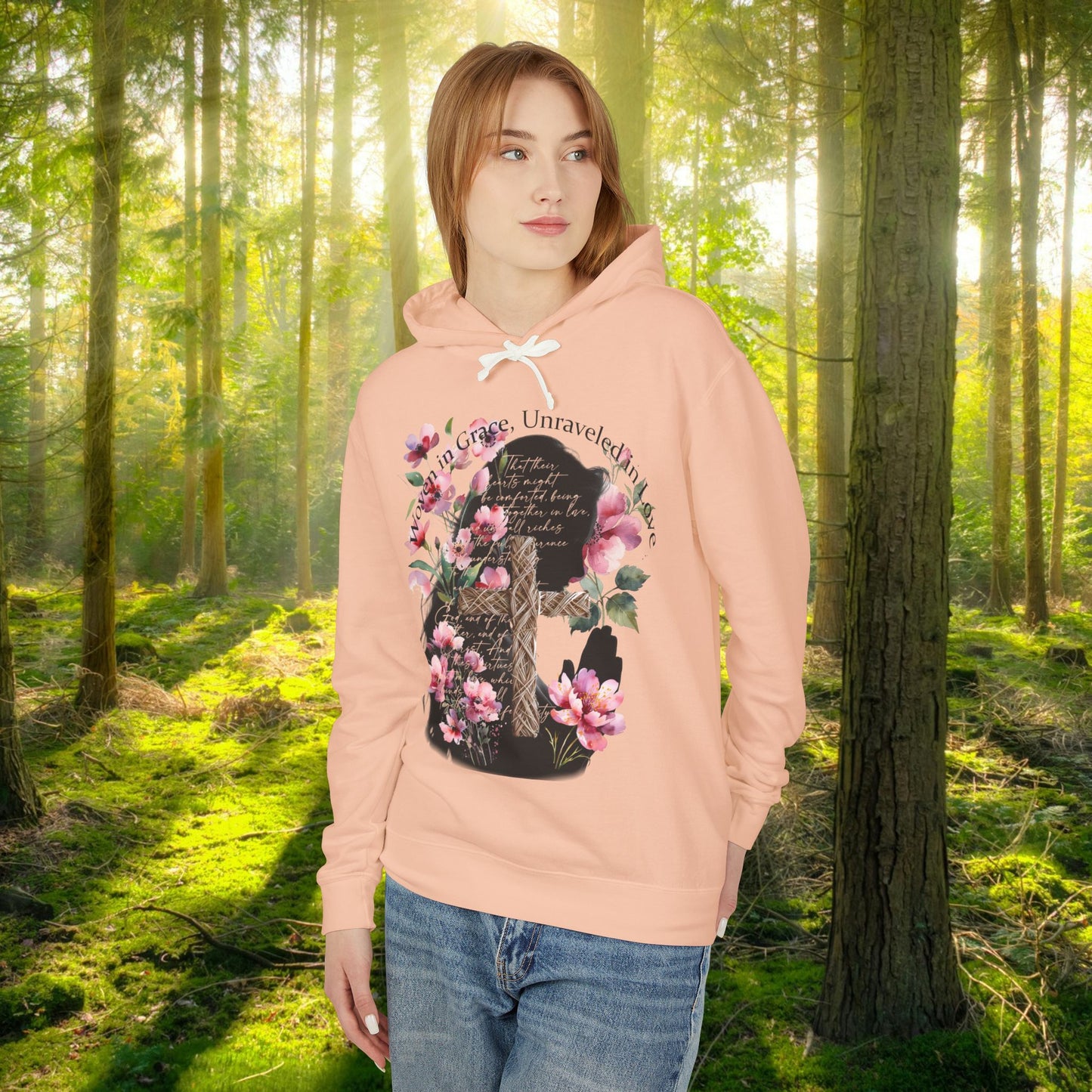 Woven in Grace Hoodie - Pink Floral Faith Verse Pullover with Cross & Prayer Silhouette