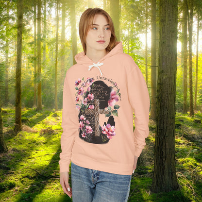 Woven in Grace Hoodie - Pink Floral Faith Verse Pullover with Cross & Prayer Silhouette