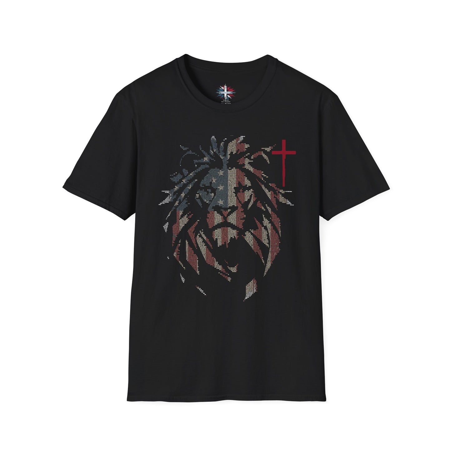 Black t-shirt with a lion graphic and cross on a white background