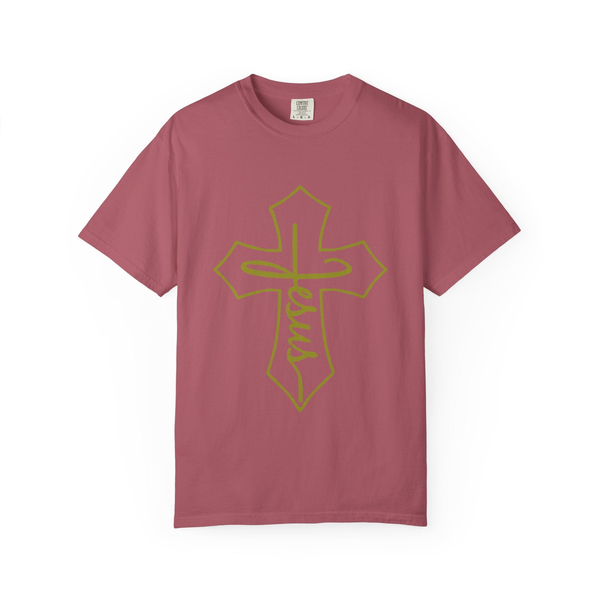 Pink t-shirt with a yellow cross design on a white background
