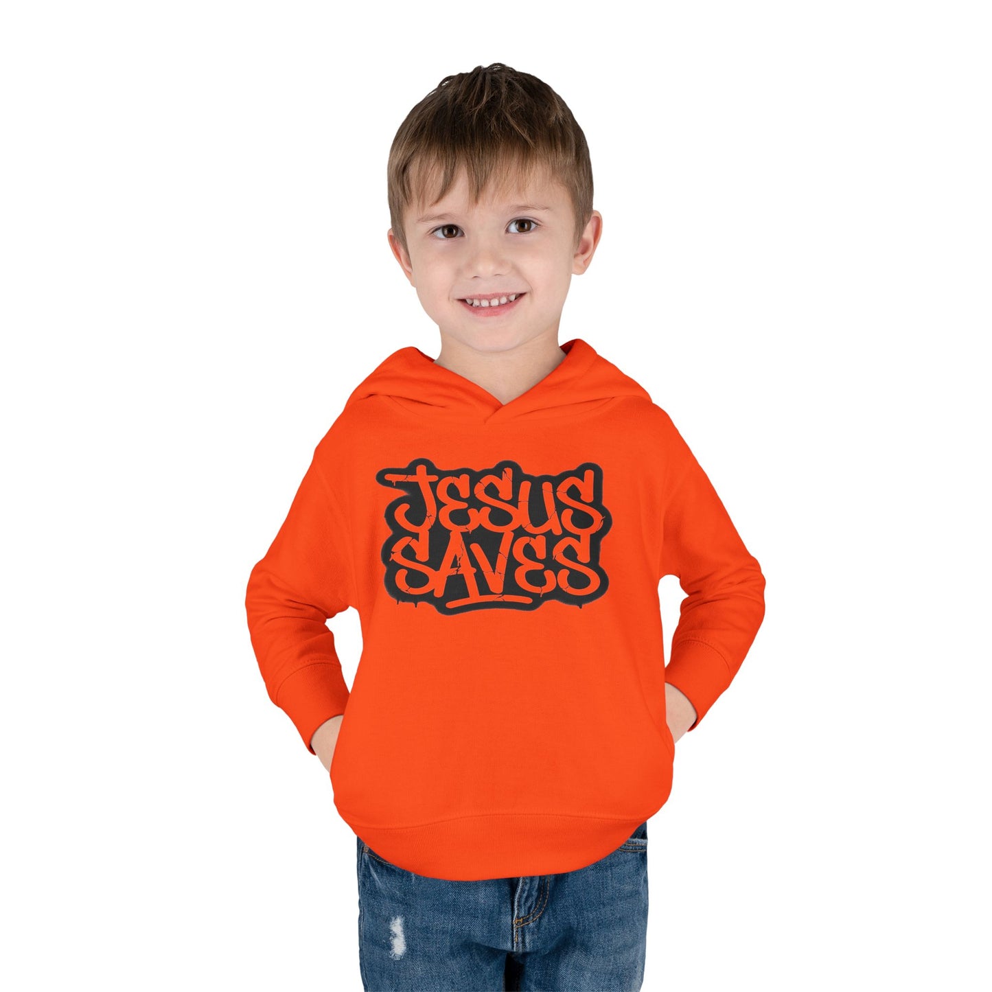 Jesus Saves graffiti youth hoodie front view orange  

