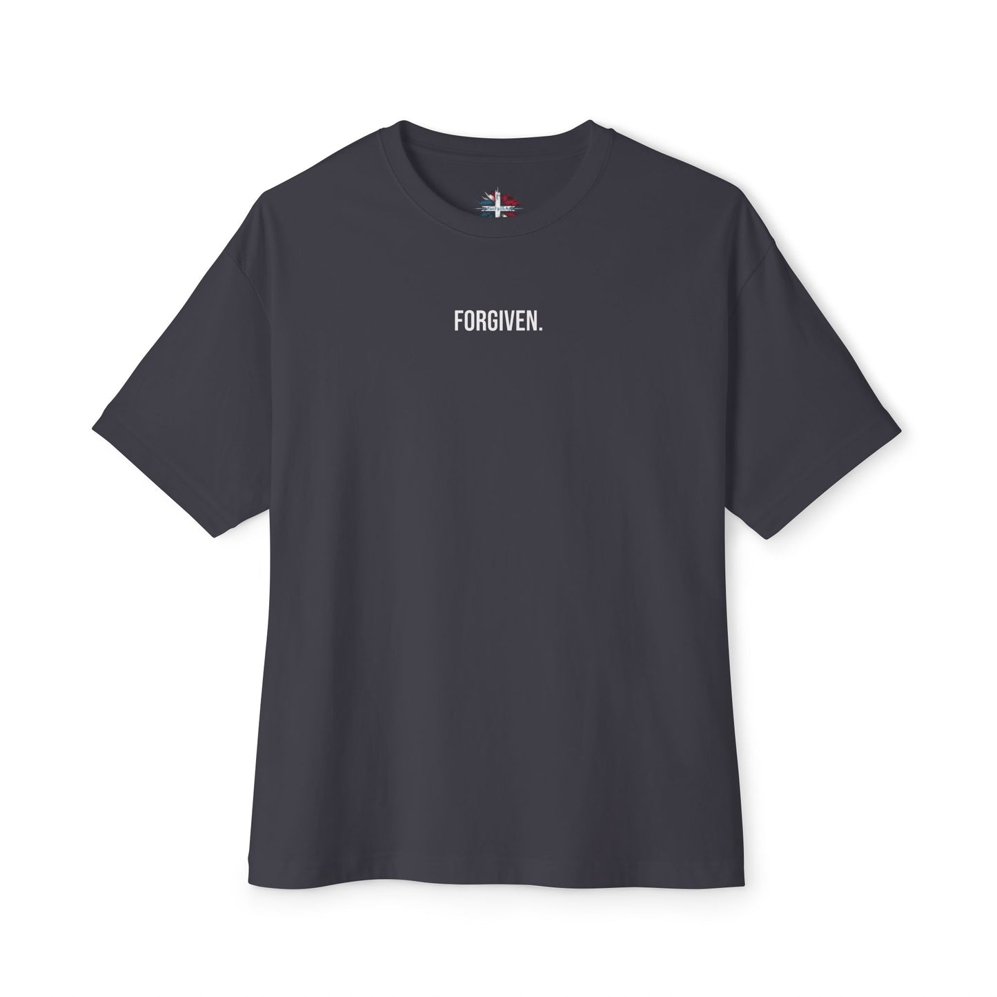Close-up of Forgiven Still Dangerous Christian streetwear tee in black showing high-neck Forgiven text placement.