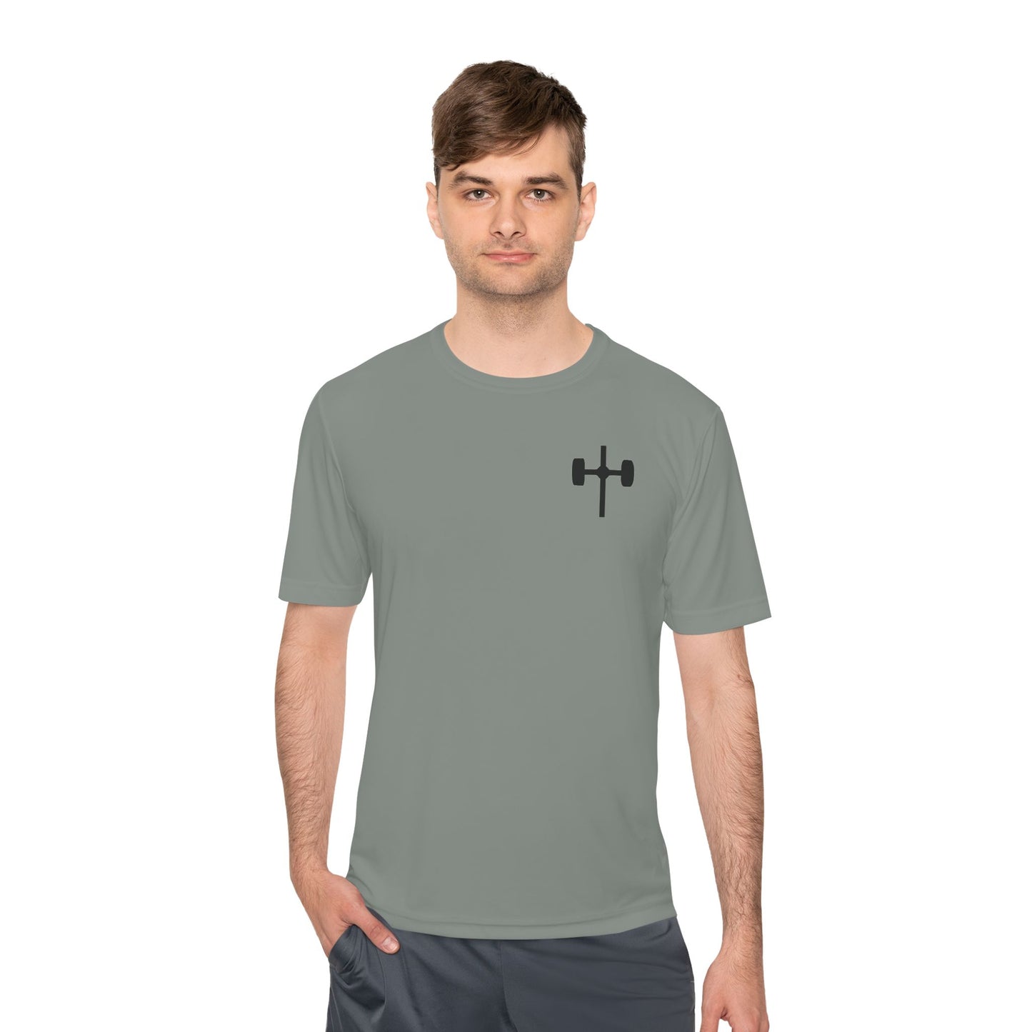 Men's black moisture-wicking performance tee with 'Pray, Train, Sleep, Repeat' text and barbell-cross graphic, Christian fitness apparel.

