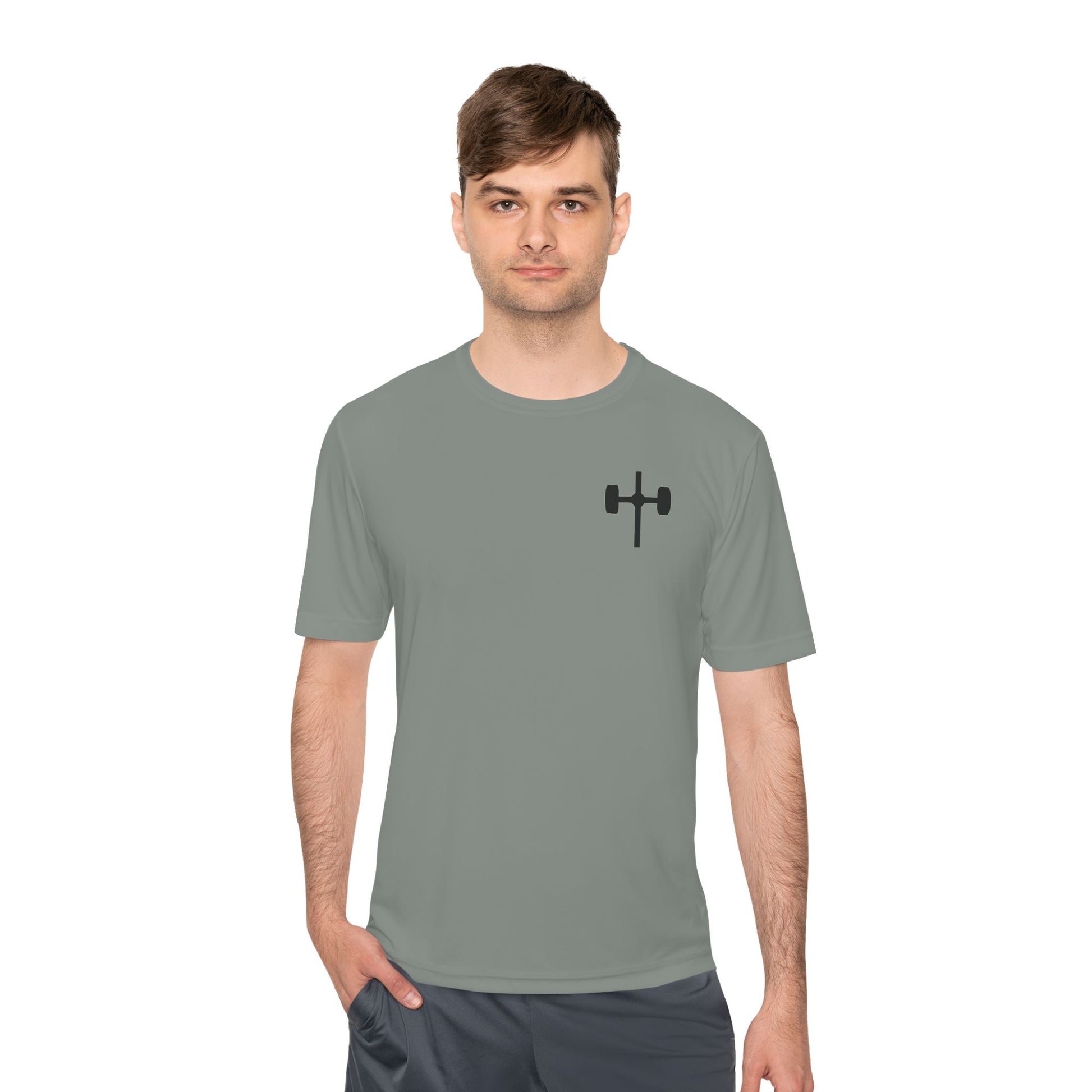 Men's black moisture-wicking performance tee with 'Pray, Train, Sleep, Repeat' text and barbell-cross graphic, Christian fitness apparel.


