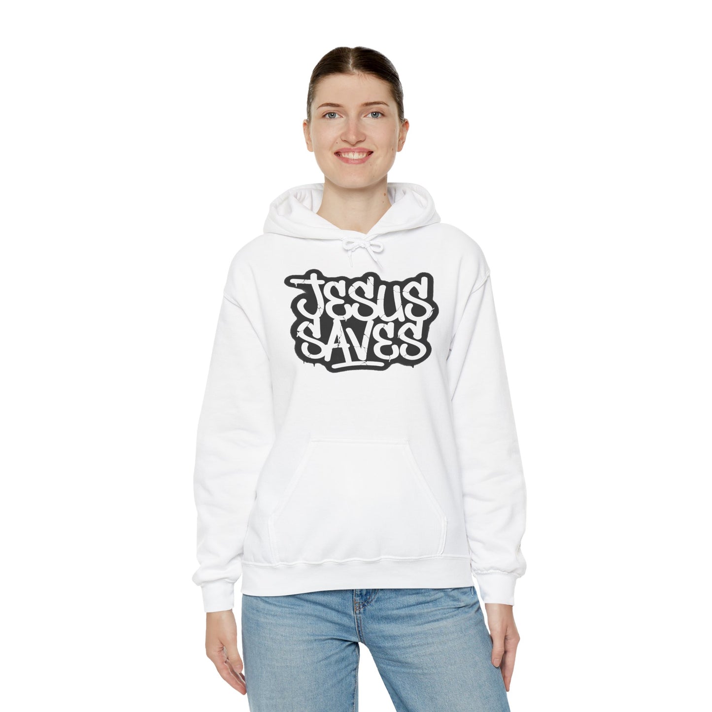 Jesus Saves graffiti hoodie front view white unisex  

