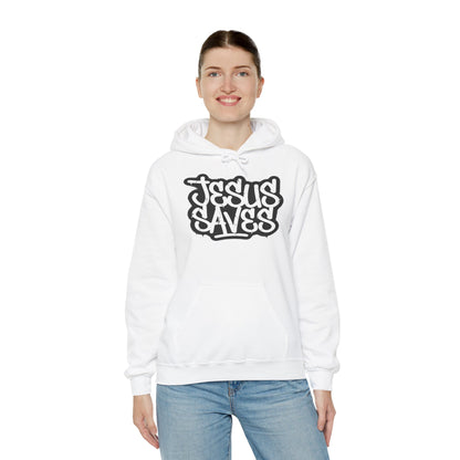 Jesus Saves graffiti hoodie front view white unisex  

