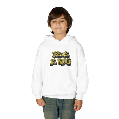 Youth gold on black 'Jesus Is King' hoodie, urban Christian apparel for young believers.

