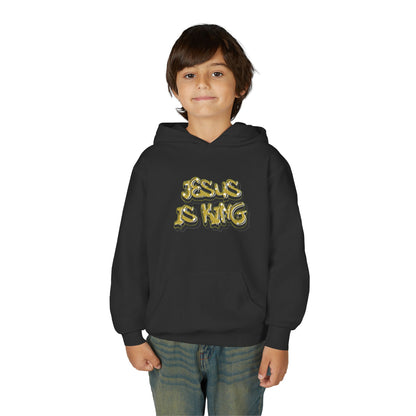 Youth gold on black 'Jesus Is King' hoodie, urban Christian apparel for young believers.

