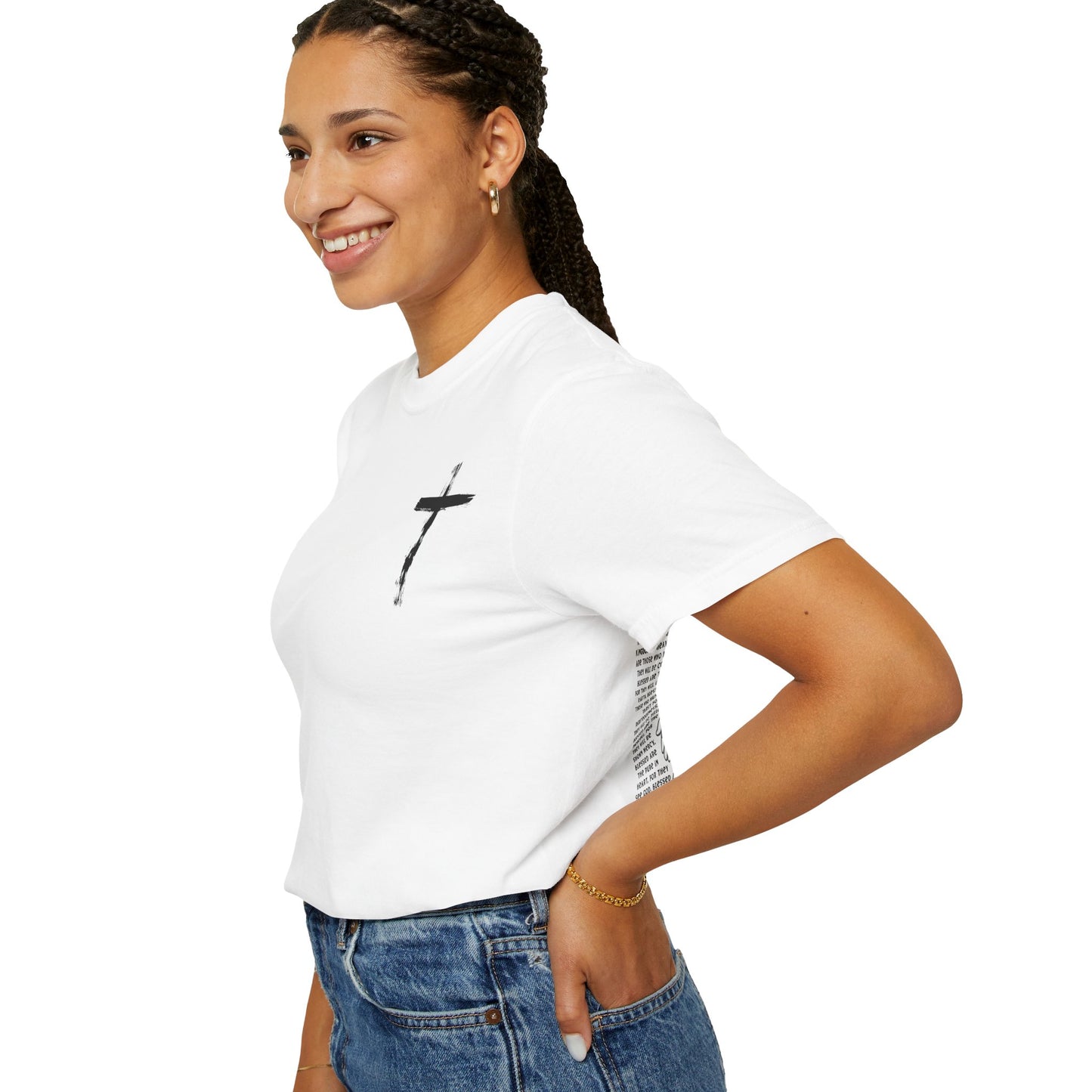 Men's white T-shirt with black cross and John 3:16 Bible verse, Christian faith apparel.

