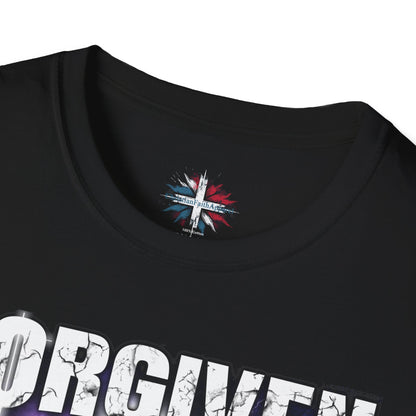 Black t-shirt with 'Forgiven' graphic and brand logo on a white background
