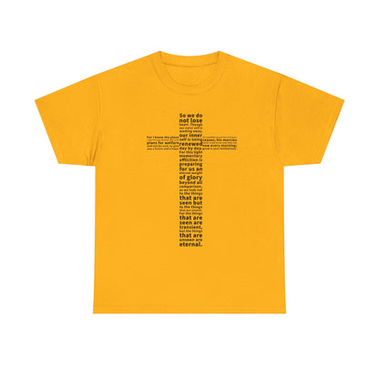 Yellow t-shirt with black text design on a white background