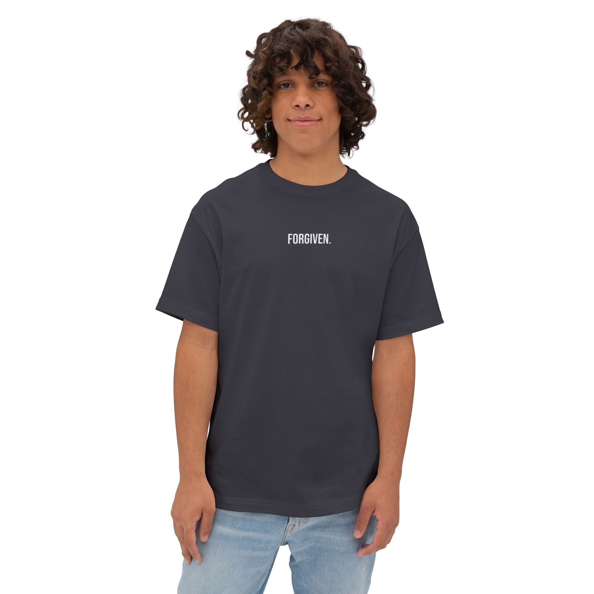 Close-up of Forgiven Still Dangerous Christian streetwear tee in black showing high-neck Forgiven text placement.