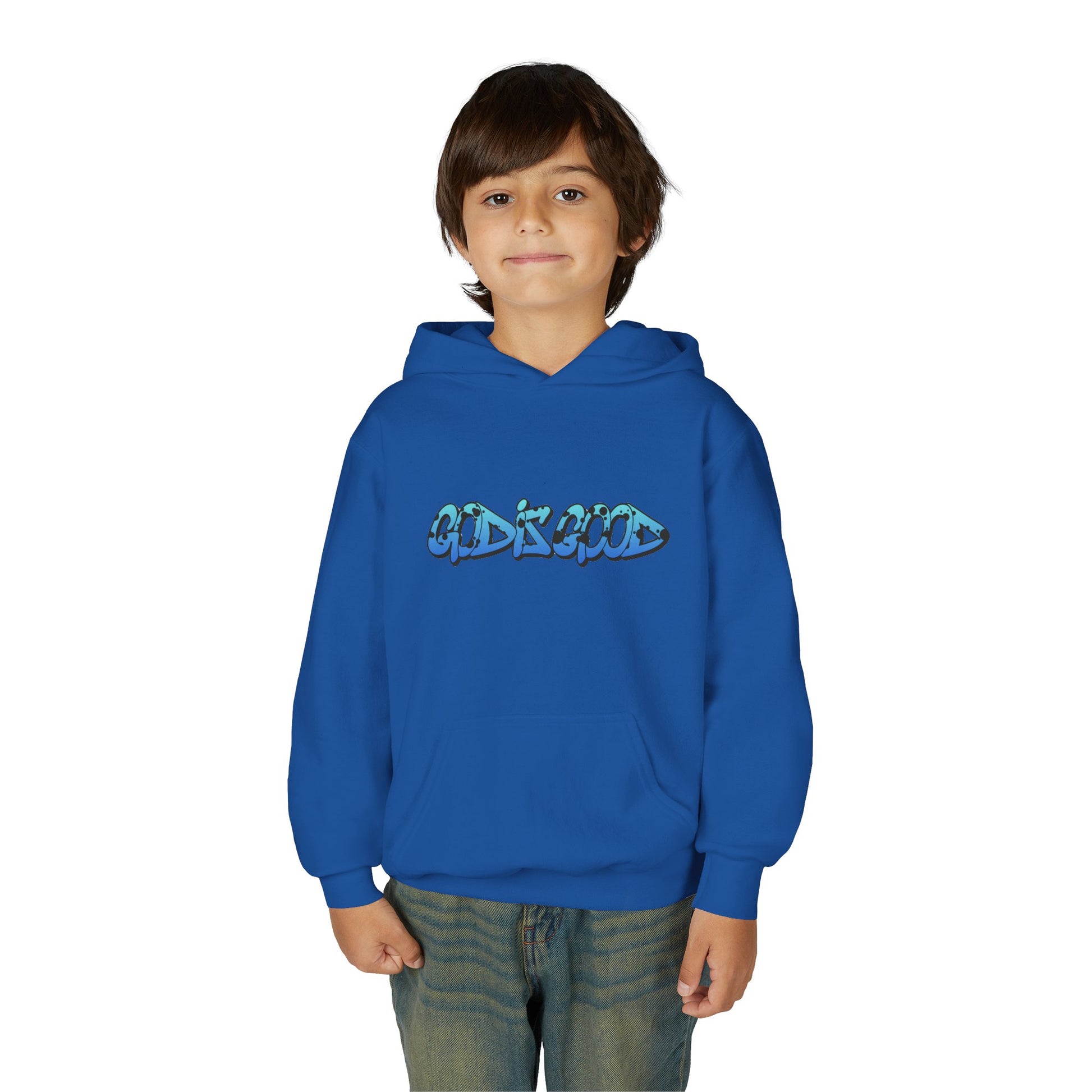 Youth black cotton hoodie with 'God is Good' text in bold white, Christian faith design for teens

