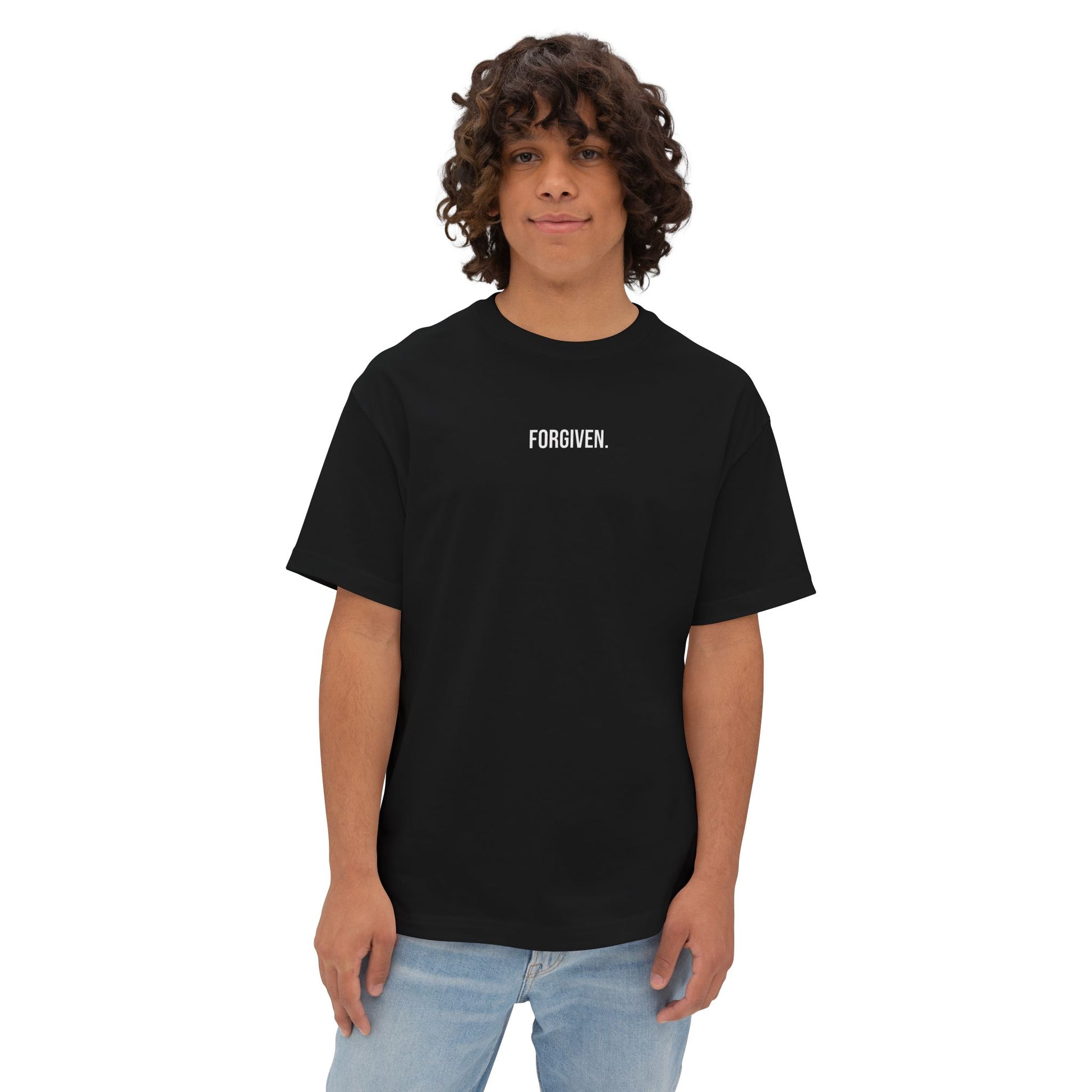 Close-up of Forgiven Still Dangerous Christian streetwear tee in black showing high-neck Forgiven text placement.
