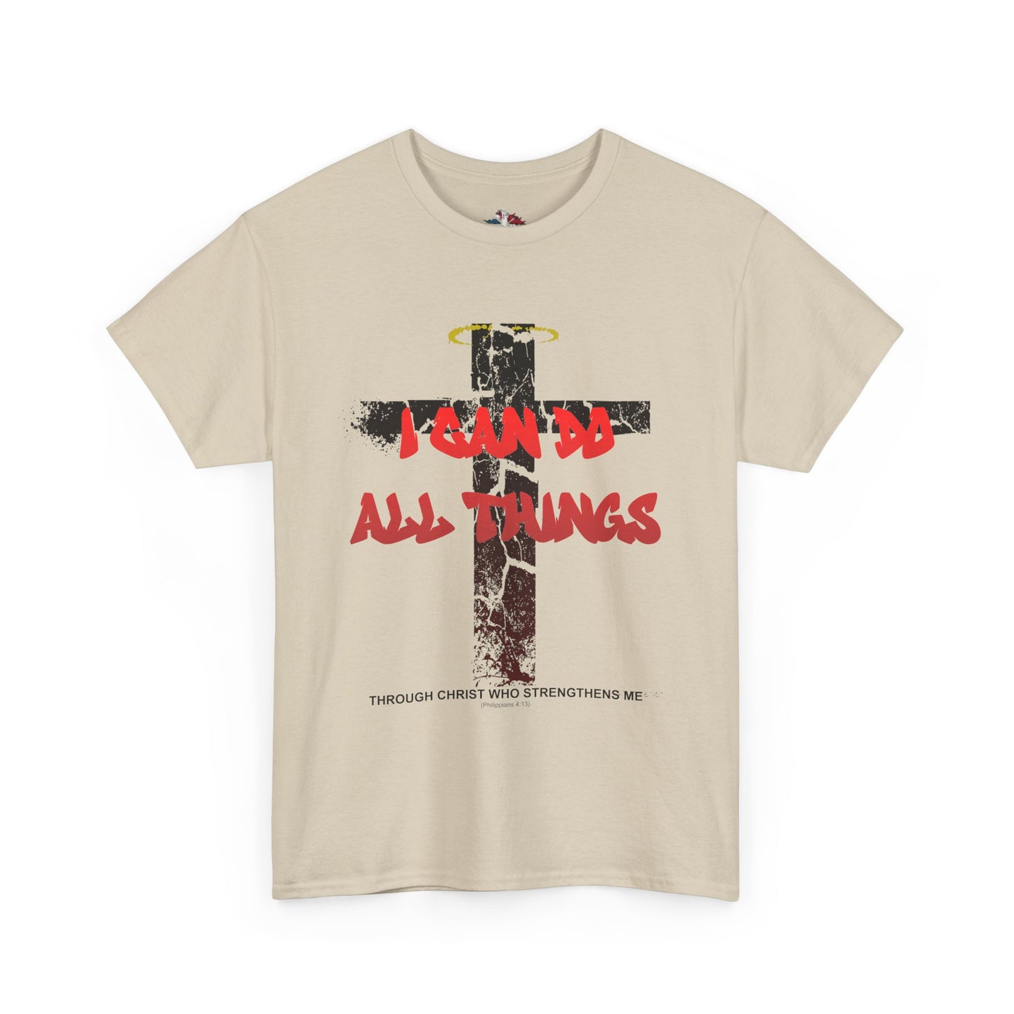 Shattered Cross Graffiti Philippians 4:13 Christian t-shirt with red distressed text integrated into cracked cross  

