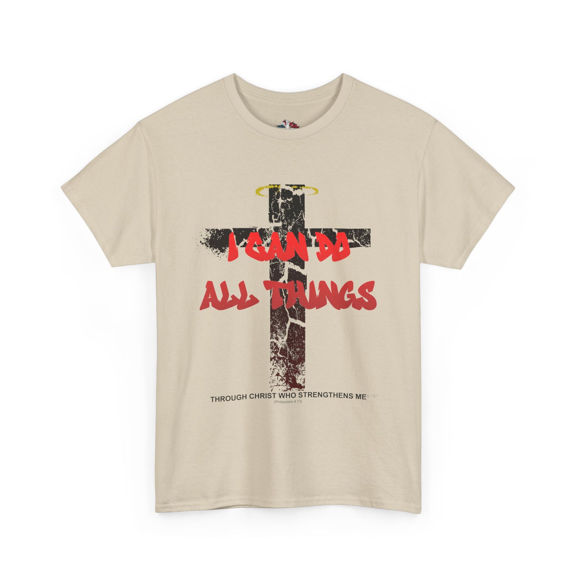 Shattered Cross Graffiti Philippians 4:13 Christian t-shirt with red distressed text integrated into cracked cross  

