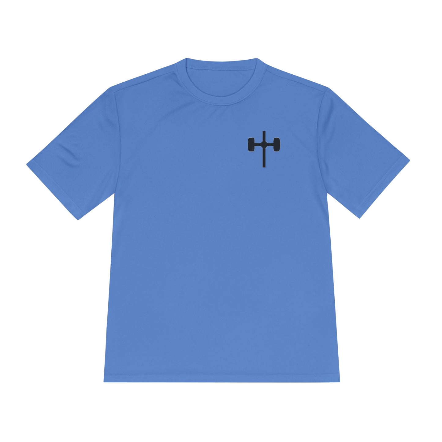 Men's black moisture-wicking performance tee with 'Pray, Train, Sleep, Repeat' text and barbell-cross graphic, Christian fitness apparel.

