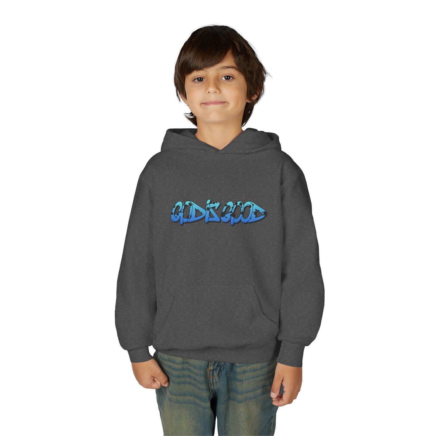 Youth black cotton hoodie with 'God is Good' text in bold white, Christian faith design for teens

