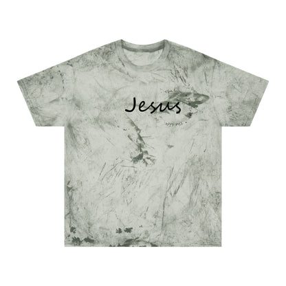 T-shirt with 'Jesus' text on a marble pattern background
