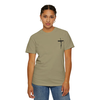 Men's white T-shirt with black cross and John 3:16 Bible verse, Christian faith apparel.

