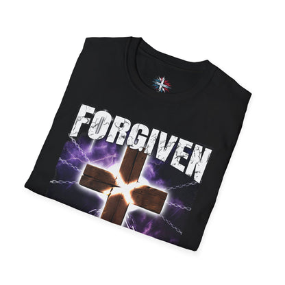 Black t-shirt with 'FORGIVEN' text and cross design on a white background