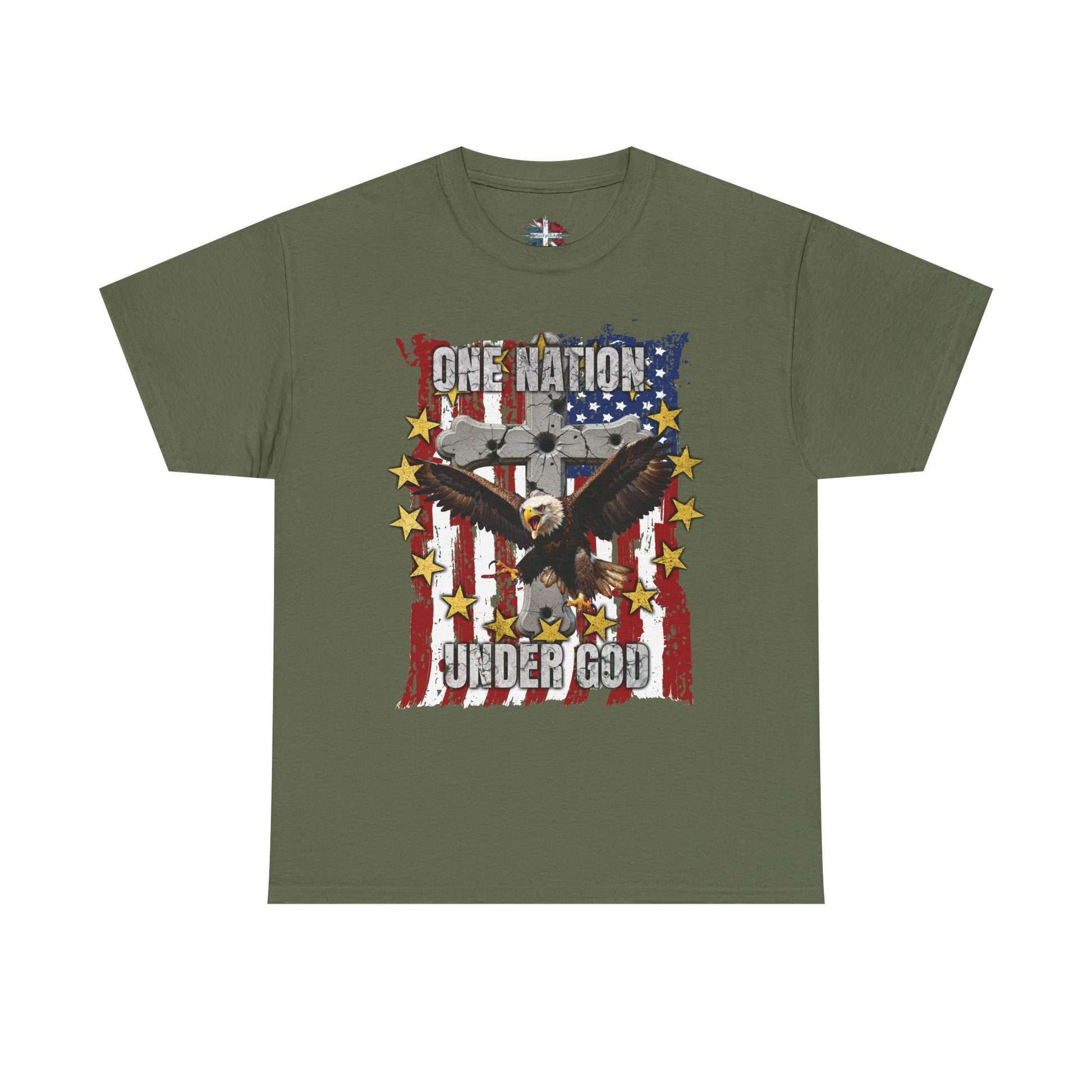 Green t-shirt with American flag and eagle design on a white background