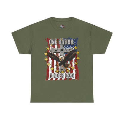 Green t-shirt with American flag and eagle design on a white background