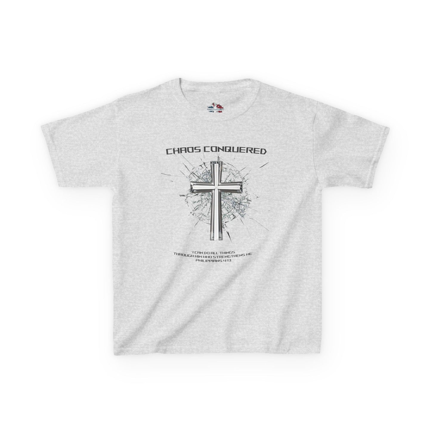Chaos Conquered Christian Kids T-Shirt | Philippians 4:13 Boys Faith Tee – Inspirational Bible Verse Apparel for Young Warriors