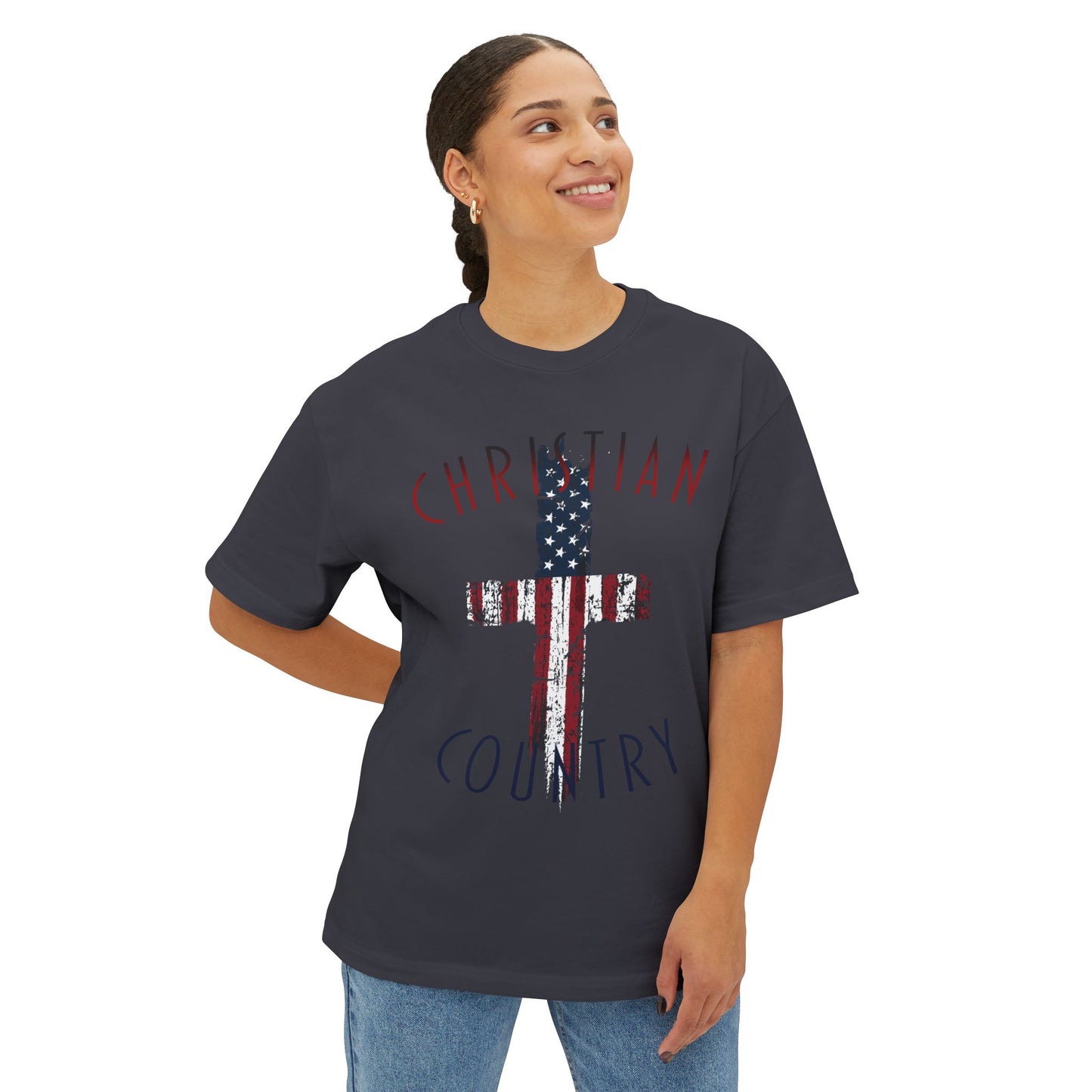 Christian Country American Flag Cross Oversized Box T-Shirt