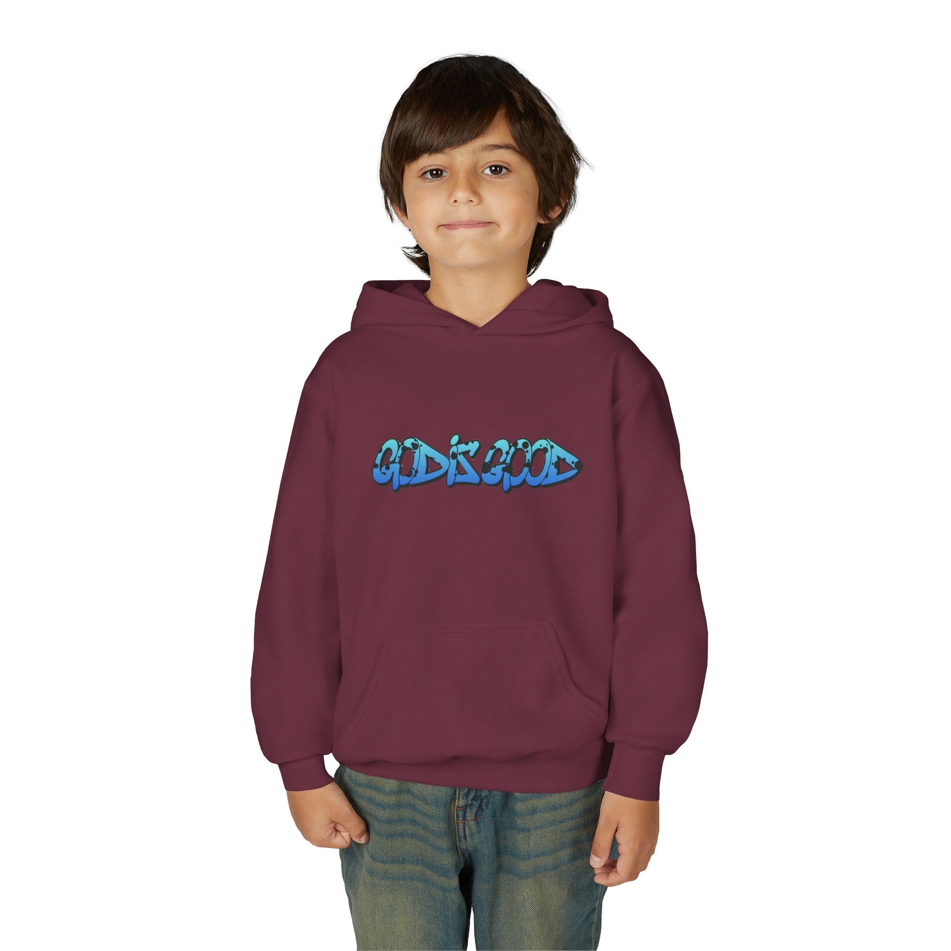 Youth black cotton hoodie with 'God is Good' text in bold white, Christian faith design for teens

