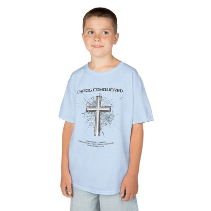 Chaos Conquered Christian Kids T-Shirt | Philippians 4:13 Boys Faith Tee – Inspirational Bible Verse Apparel for Young Warriors