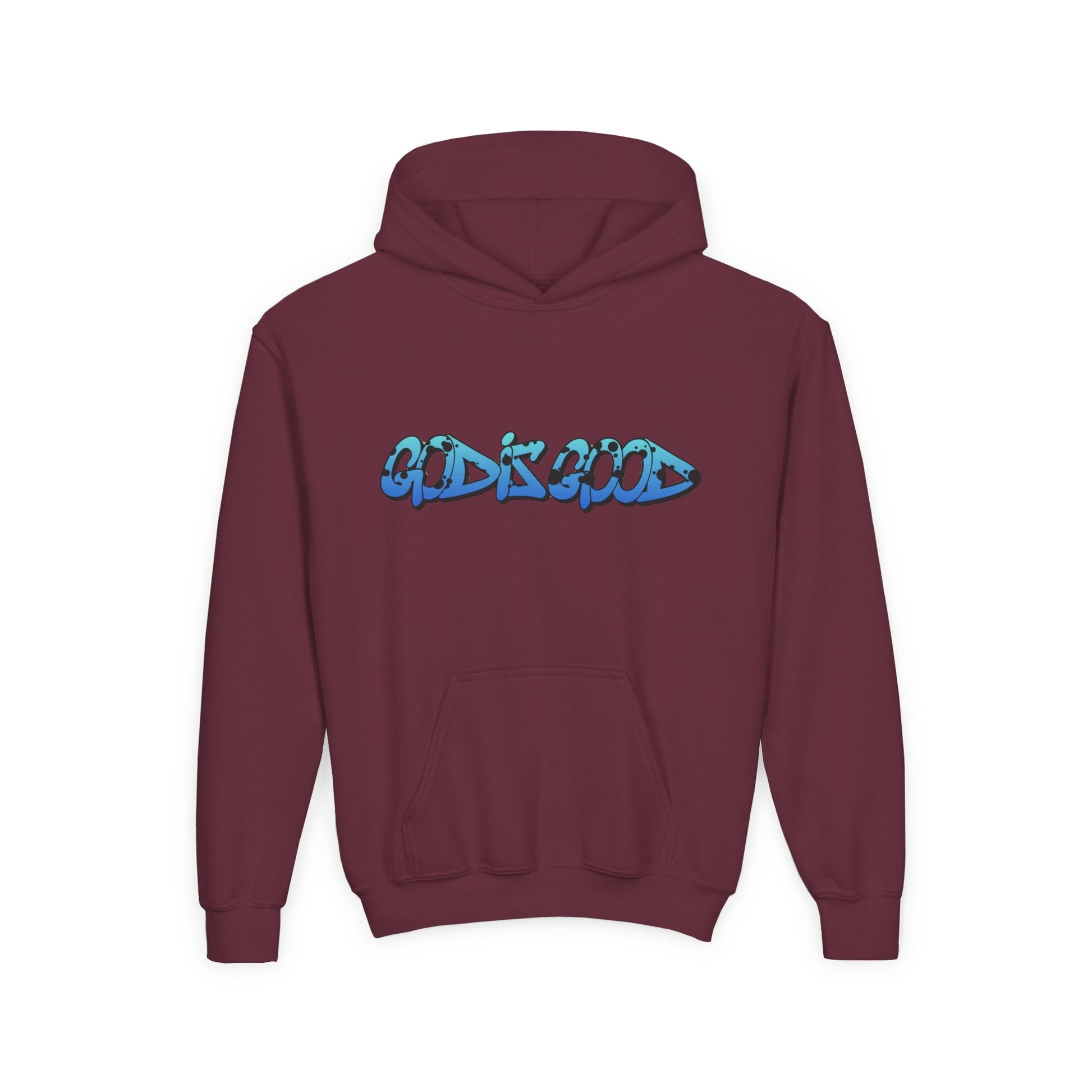 Youth Maroon cotton hoodie with 'God is Good' text in bold white, Christian faith design for teens

