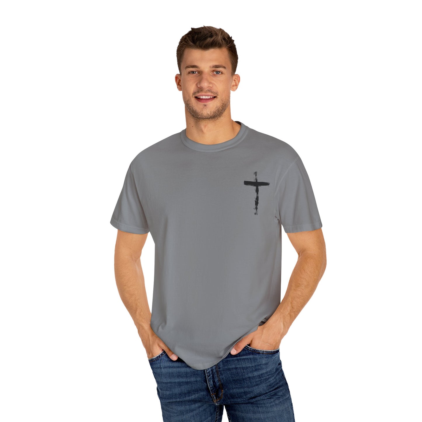 Men's white T-shirt with black cross and John 3:16 Bible verse, Christian faith apparel.

