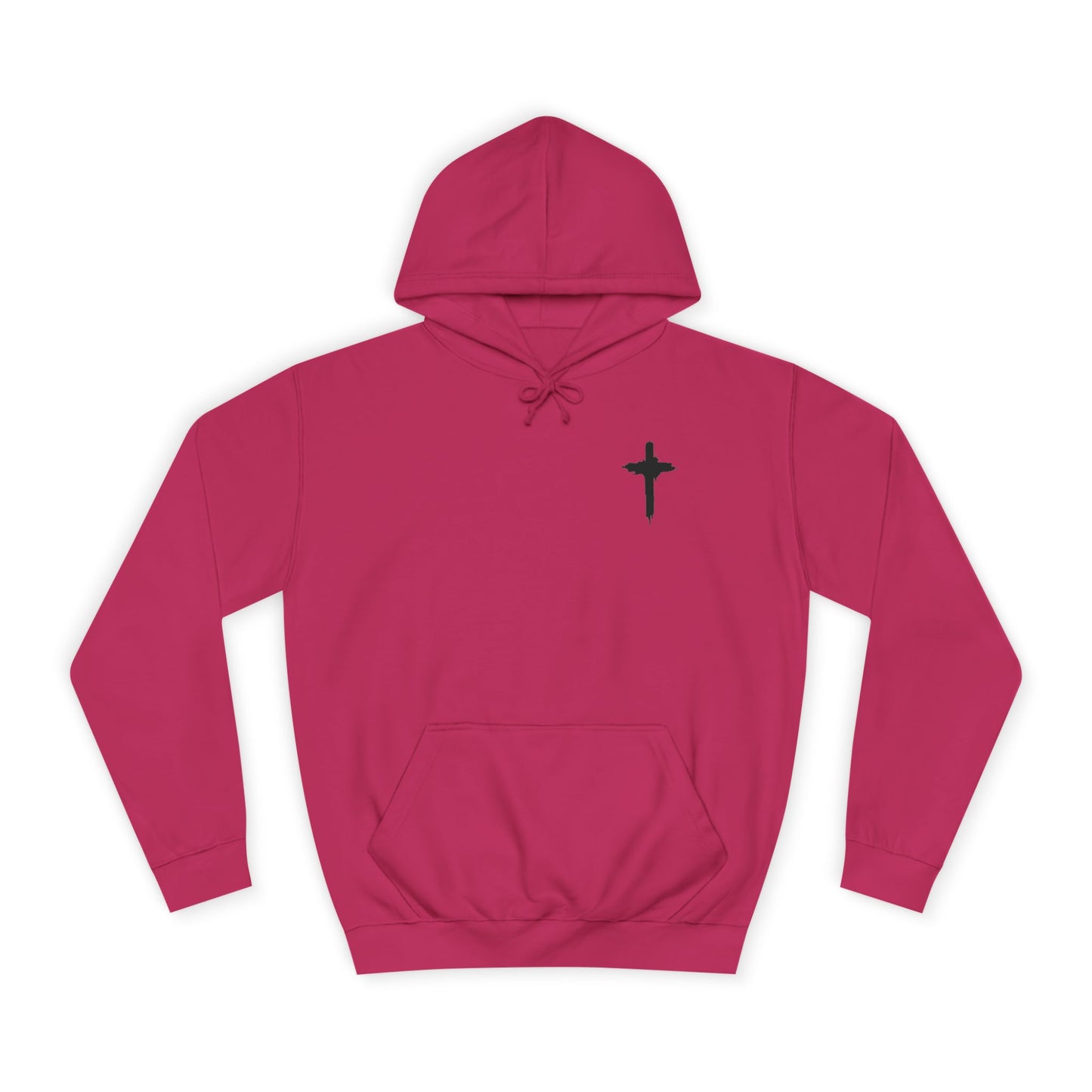 Pink hoodie with a black cross on a white background