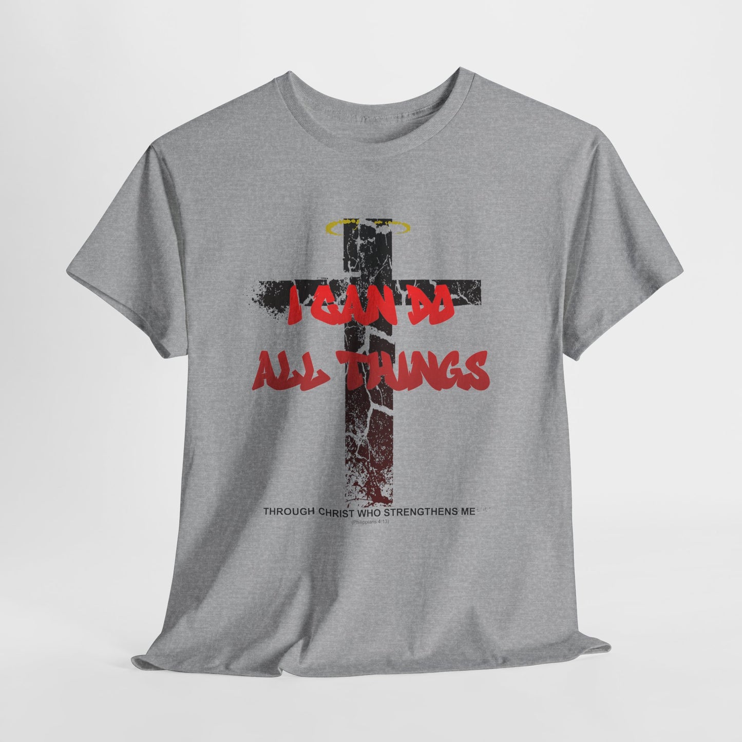Shattered Cross Graffiti Philippians 4:13 Christian t-shirt with red distressed text integrated into cracked cross  

