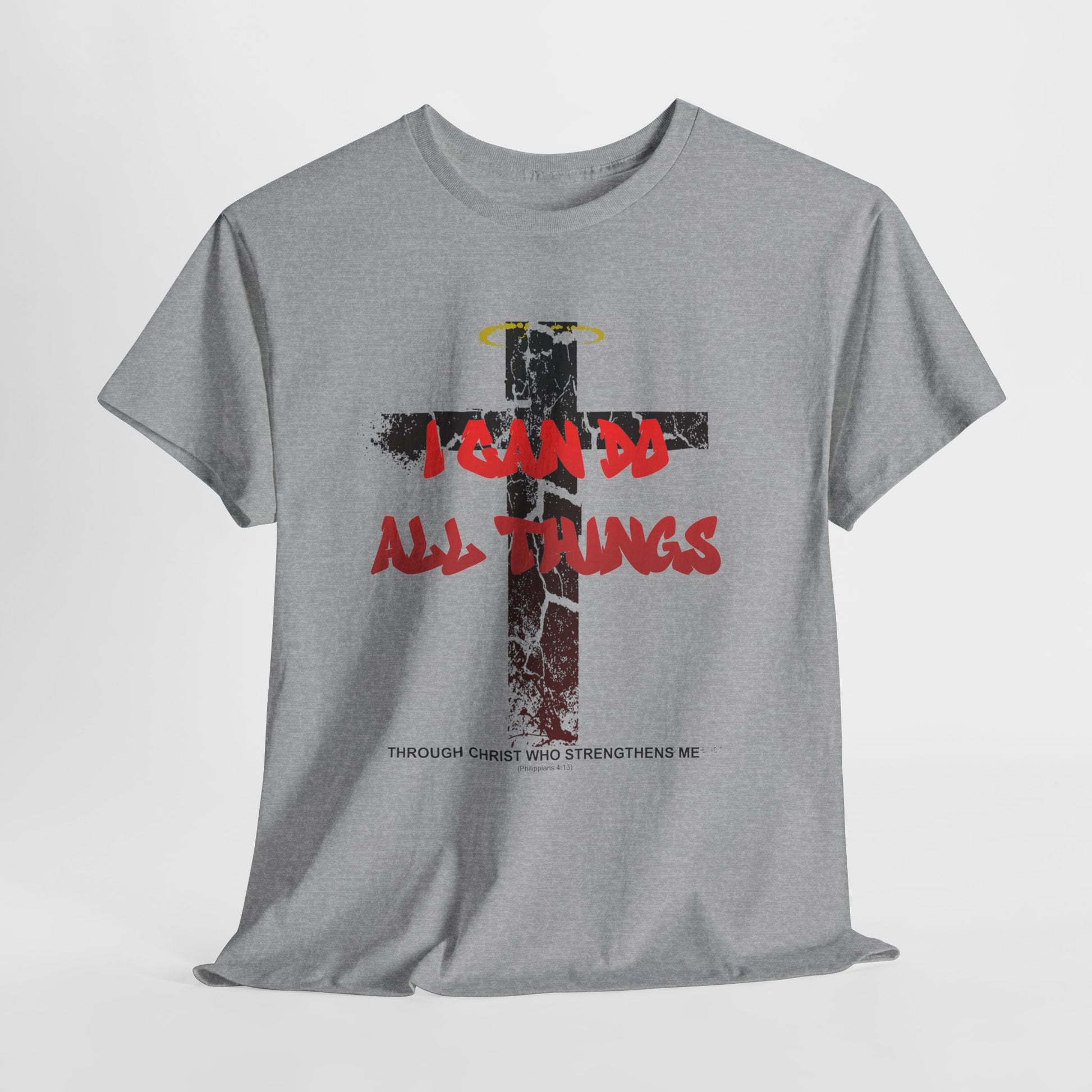 Shattered Cross Graffiti Philippians 4:13 Christian t-shirt with red distressed text integrated into cracked cross  

