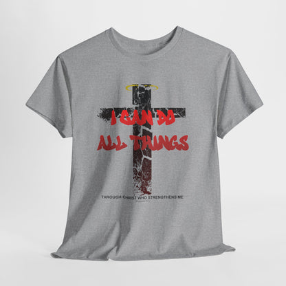 Shattered Cross Graffiti Philippians 4:13 Christian t-shirt with red distressed text integrated into cracked cross  

