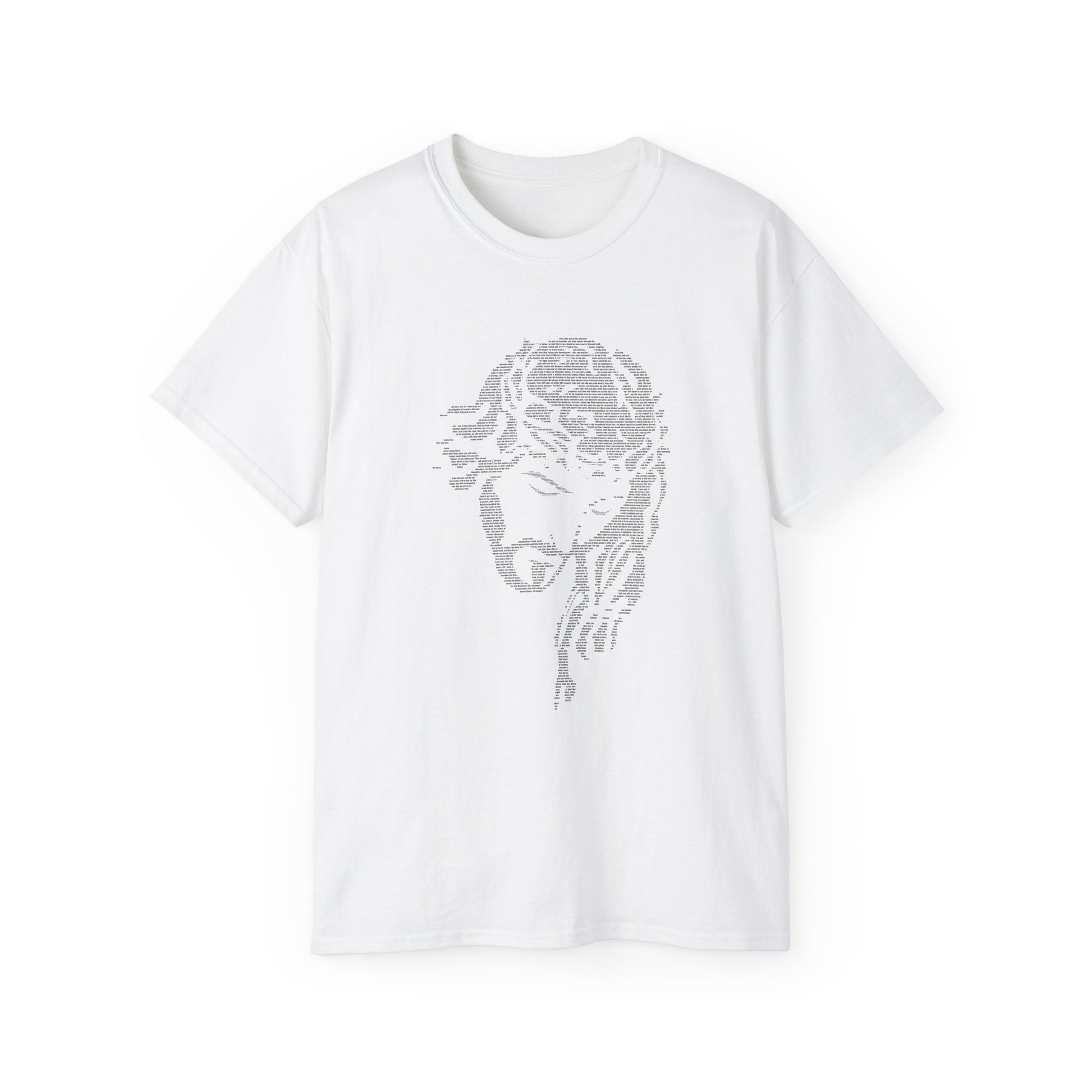 White t-shirt with a graphic design on a white background