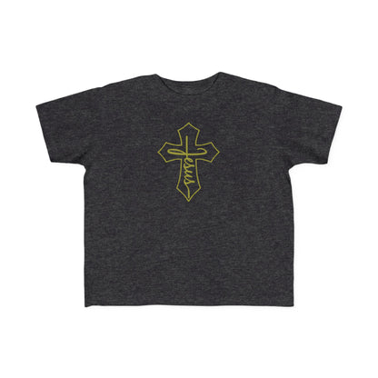 Dark gray t-shirt with a gold cross and 'Jesus' text on a white background