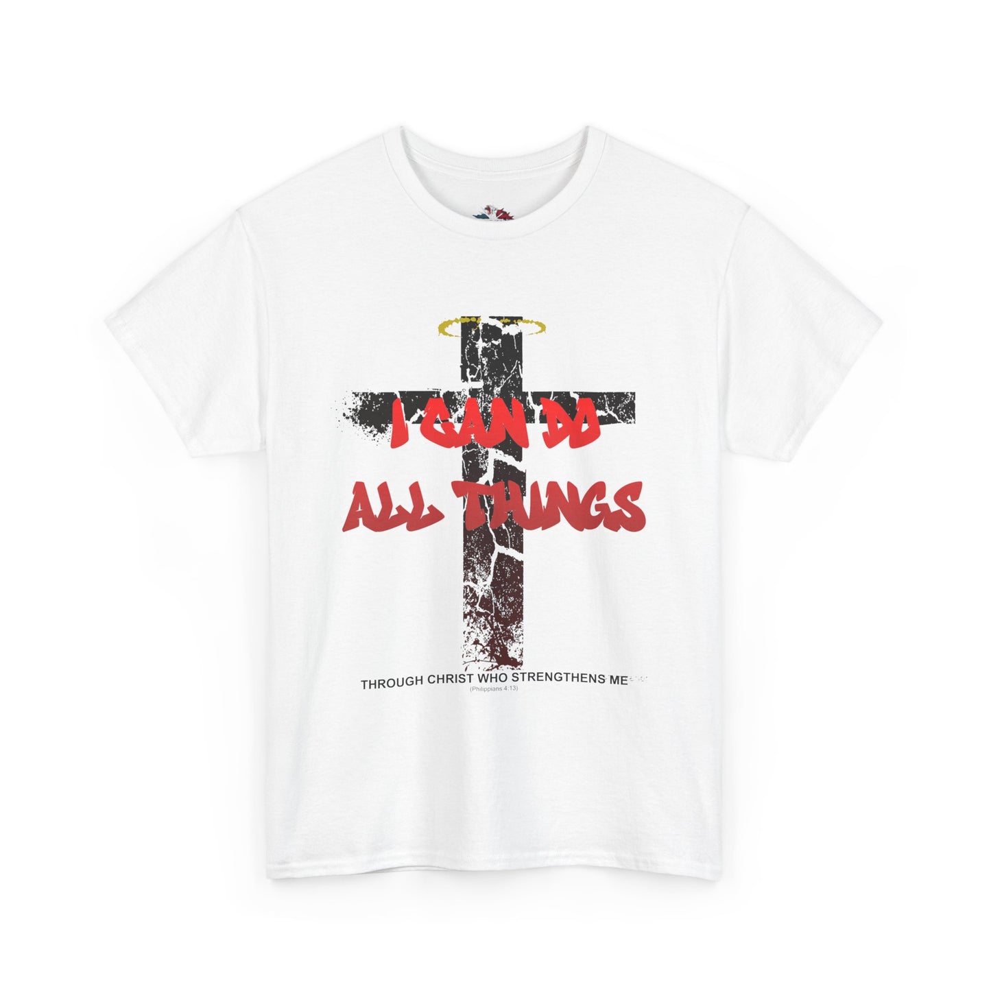 Shattered Cross Graffiti Philippians 4:13 Christian t-shirt with red distressed text integrated into cracked cross  

