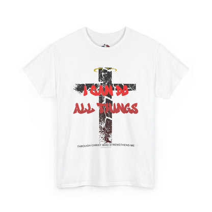 Shattered Cross Graffiti Philippians 4:13 Christian t-shirt with red distressed text integrated into cracked cross  

