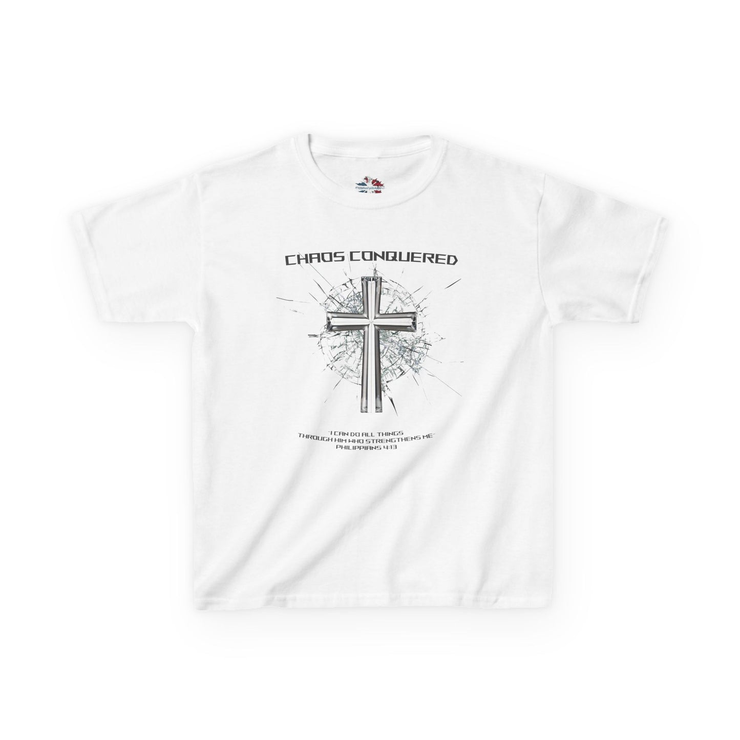 Chaos Conquered Christian Kids T-Shirt | Philippians 4:13 Boys Faith Tee – Inspirational Bible Verse Apparel for Young Warriors