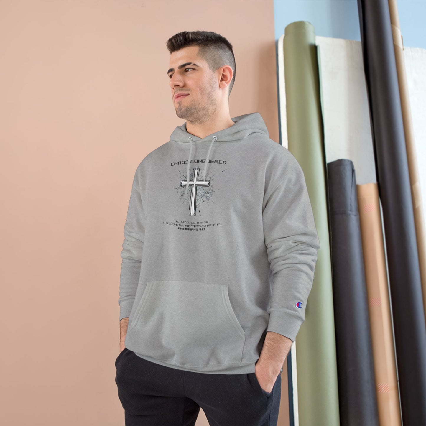 Chaos Conquered Christian Champion Hoodie | Philippians 4:13 Men's Faith Pullover