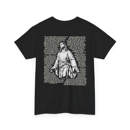 Men's black cotton T-shirt with white cross and John 3:16 Bible verse, Christian faith apparel.

