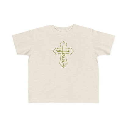 Beige t-shirt with a gold cross and 'Faith' text on a white background