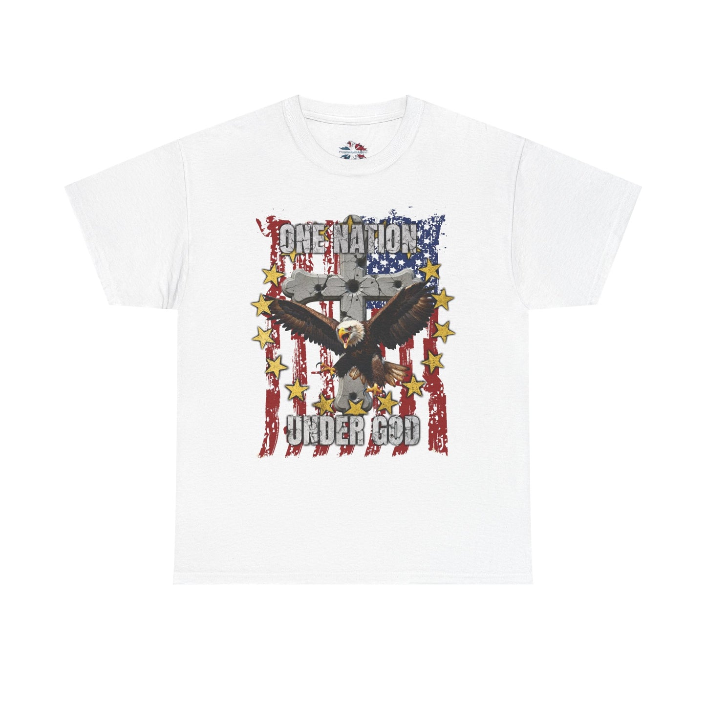 One Nation Under God Christian T-Shirt with screaming eagle and bullet hole cross on distressed American flag, White Gildan 5000 patriotic faith apparel

