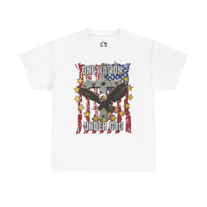 One Nation Under God Christian T-Shirt with screaming eagle and bullet hole cross on distressed American flag, White Gildan 5000 patriotic faith apparel

