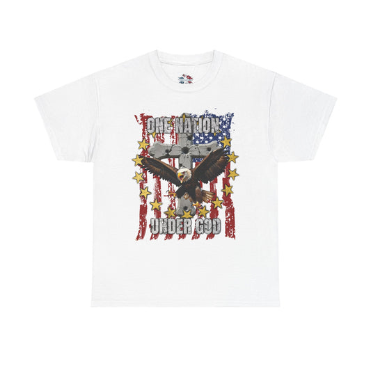 One Nation Under God Christian T-Shirt with screaming eagle and bullet hole cross on distressed American flag, White Gildan 5000 patriotic faith apparel

