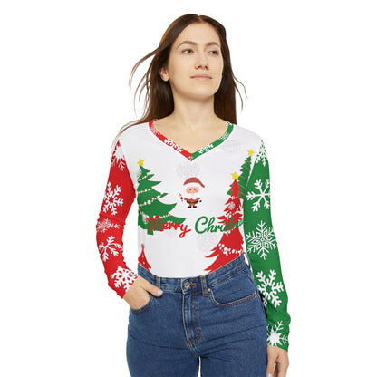 Women's Merry Christmas V-Neck Long Sleeve Shirt - Festive Santa Tree Sweater Top, Holiday Graphic Tee for Cozy Winter Outfits